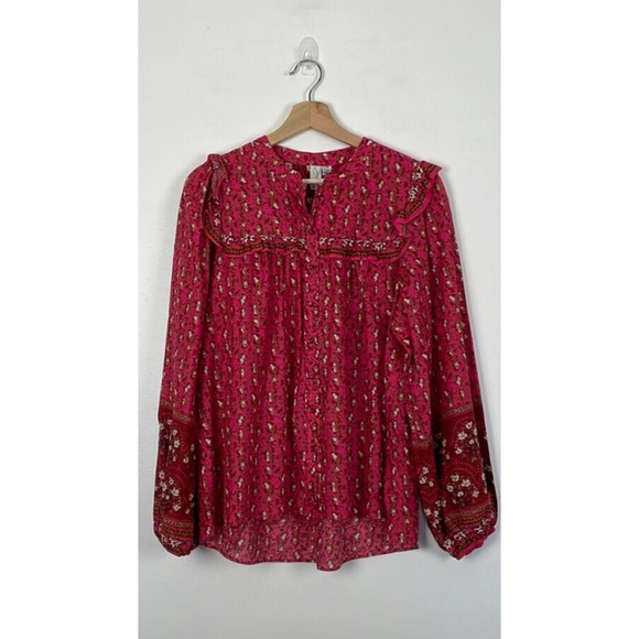 Joie Mix Print Embroidered Tops Patterned Ruffled Button Down Blouse Women's L - Picture 1 of 8